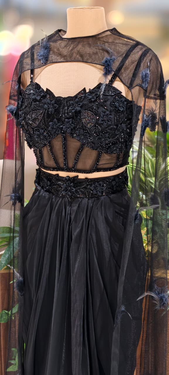 Luxury All-Black Hand-Embroidered Corset Blouse With Drape Skirt & Choker Style Cape