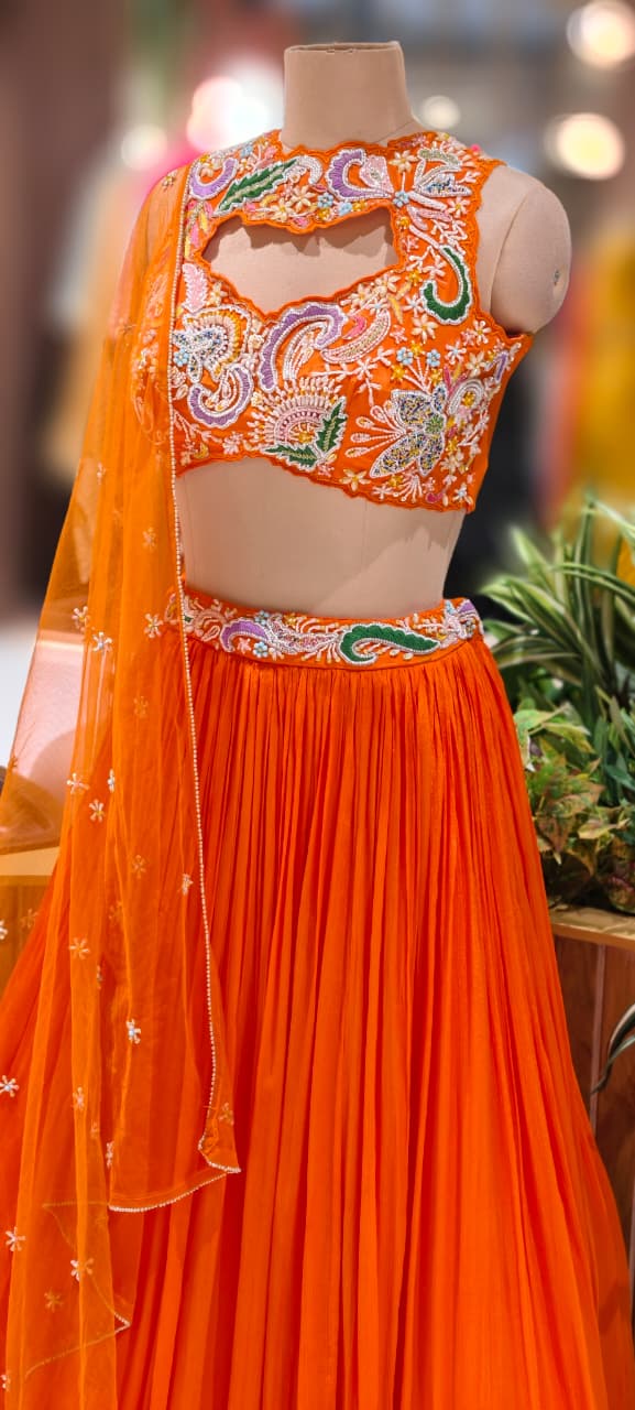 Very Bright Highlighted Handwork Crop-Top With Tasseled Cane-Cane Skirt- 13027 (Dispatching After 45 Days On Orders)