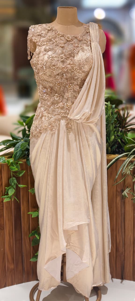 Overloaded Beads Embezzled Crystal Tassel Handwork Padded Side Cut Blouse Drape Skirt (Dispatching After 45 Days On Orders)