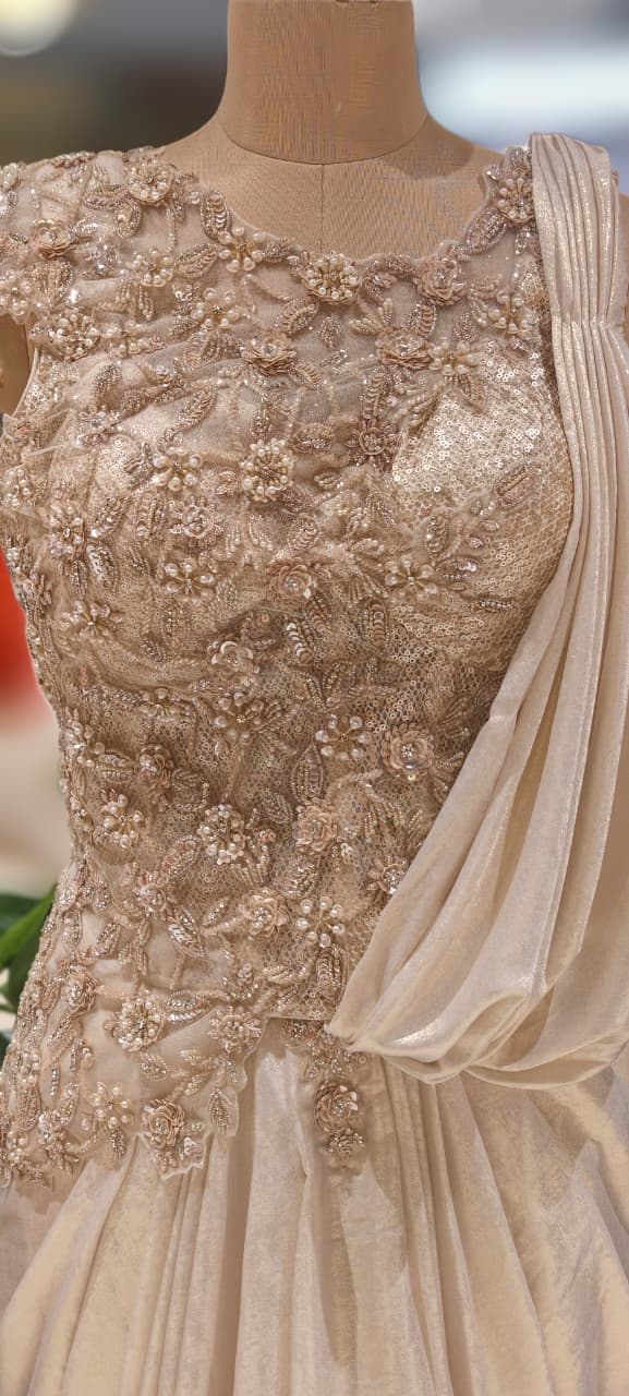 Overloaded Beads Embezzled Crystal Tassel Handwork Padded Side Cut Blouse Drape Skirt (Dispatching After 45 Days On Orders)