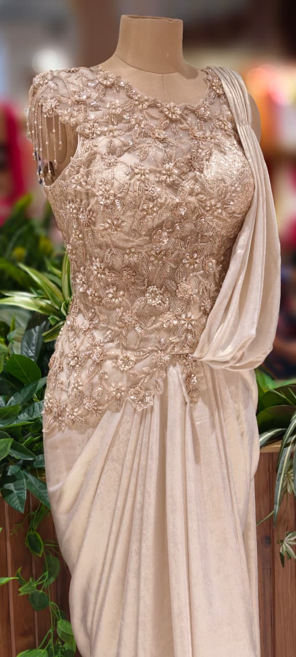 Overloaded Beads Embezzled Crystal Tassel Handwork Padded Side Cut Blouse Drape Skirt (Dispatching After 45 Days On Orders)