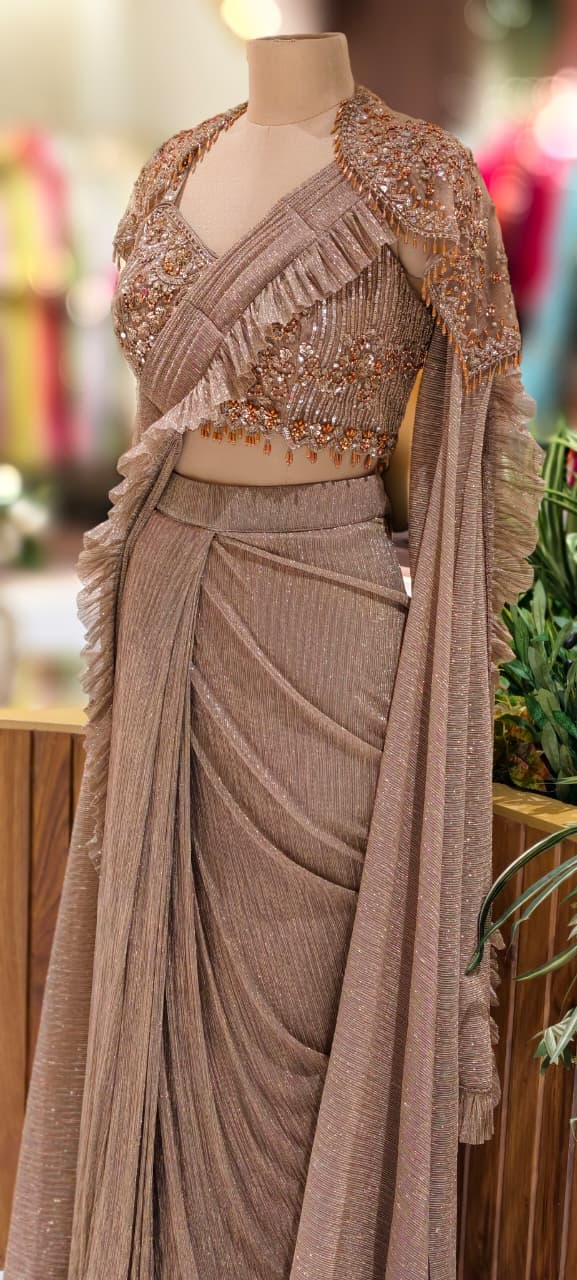 Heavily Beads Golden Tassel Real Mirror Embezzled Blouse With Ruffled Drape Saree & Cape- 13036 (Dispatching After 45 Days On Orders)