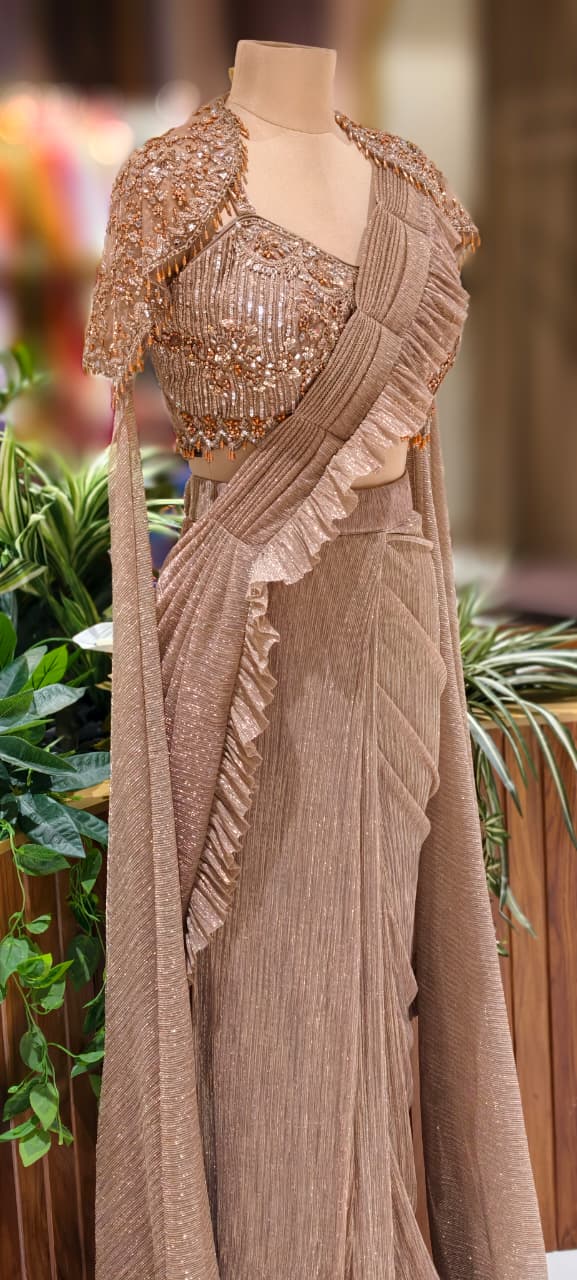 Heavily Beads Golden Tassel Real Mirror Embezzled Blouse With Ruffled Drape Saree & Cape- 13036 (Dispatching After 45 Days On Orders)