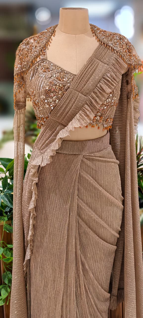 Heavily Beads Golden Tassel Real Mirror Embezzled Blouse With Ruffled Drape Saree & Cape- 13036 (Dispatching After 45 Days On Orders)