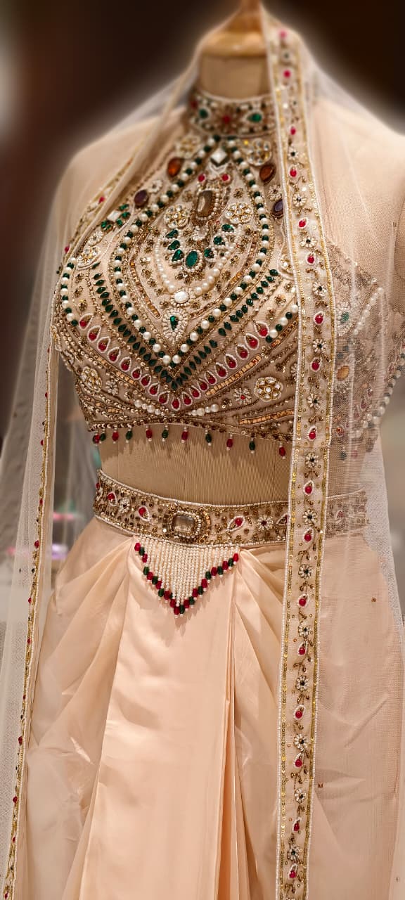 Jewelry Look Colorful Stoned Heavy Hand Work Blouse With Drape Skirt & Dupatta- 13020 (Dispatching After 45 Days On Orders)