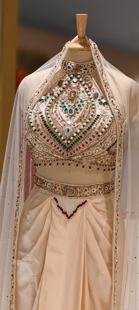 Jewelry Look Colorful Stoned Heavy Hand Work Blouse With Drape Skirt & Dupatta- 13020 (Dispatching After 45 Days On Orders)