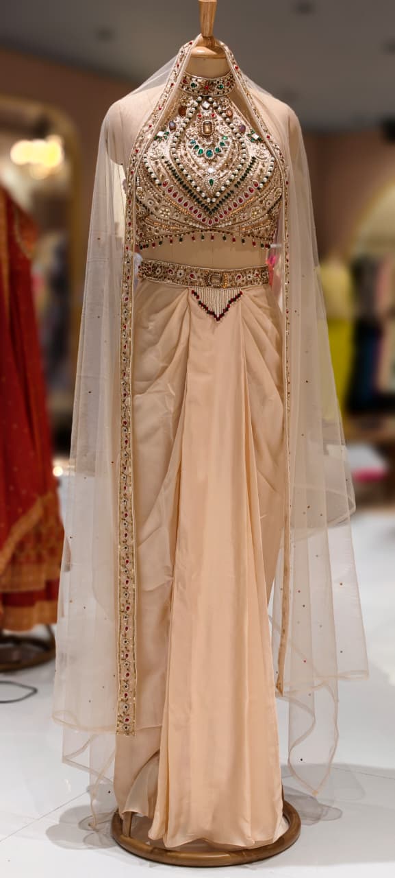 Jewelry Look Colorful Stoned Heavy Hand Work Blouse With Drape Skirt & Dupatta- 13020 (Dispatching After 45 Days On Orders)