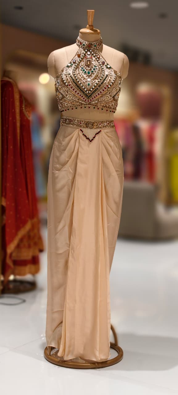 Jewelry Look Colorful Stoned Heavy Hand Work Blouse With Drape Skirt & Dupatta- 13020 (Dispatching After 45 Days On Orders)