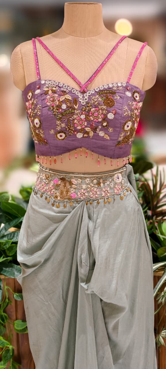 Gardenia Multicolor Highlighted Heavily Tasseled Handworked Crop Top & Cape With Drape Skirt- 13022 (Dispatching After 45 Days On Orders)