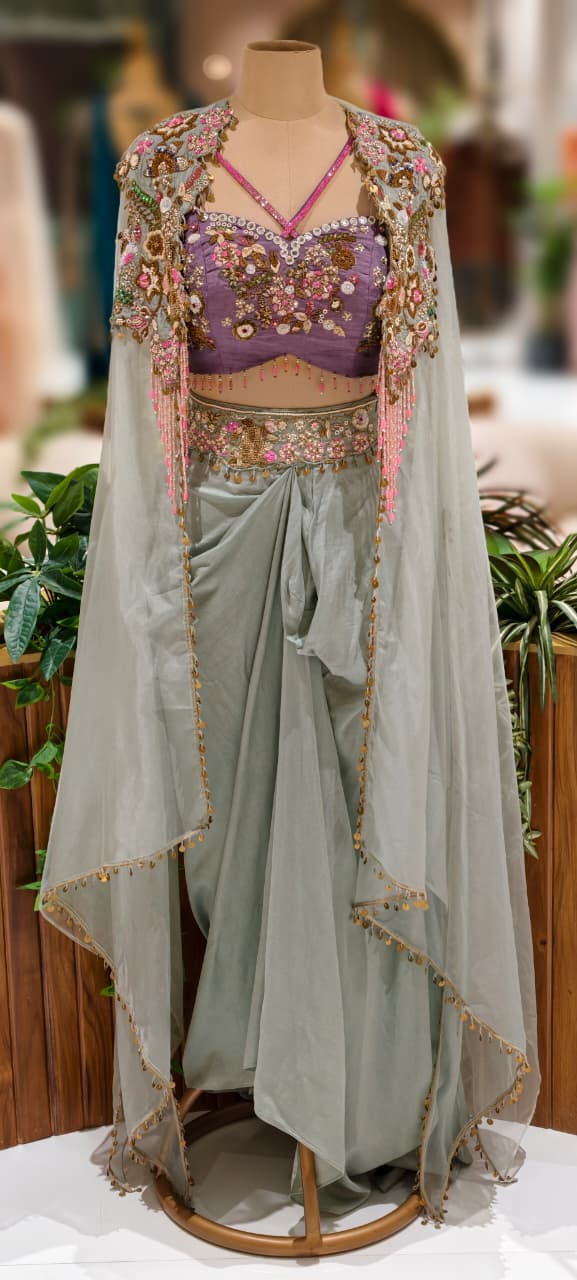 Gardenia Multicolor Highlighted Heavily Tasseled Handworked Crop Top & Cape With Drape Skirt- 13022 (Dispatching After 45 Days On Orders)