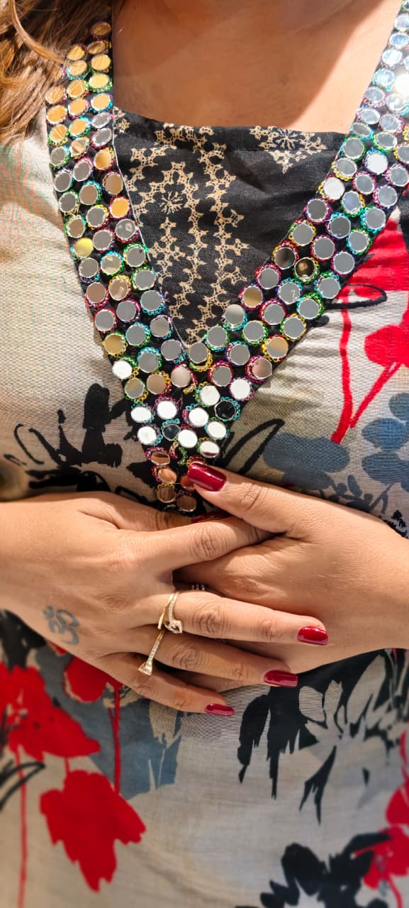 Real Mirror V-Neck Printed Kurta With Inner & Bottom In Modal Silk Fabric- 12992 Dispatching on Monday