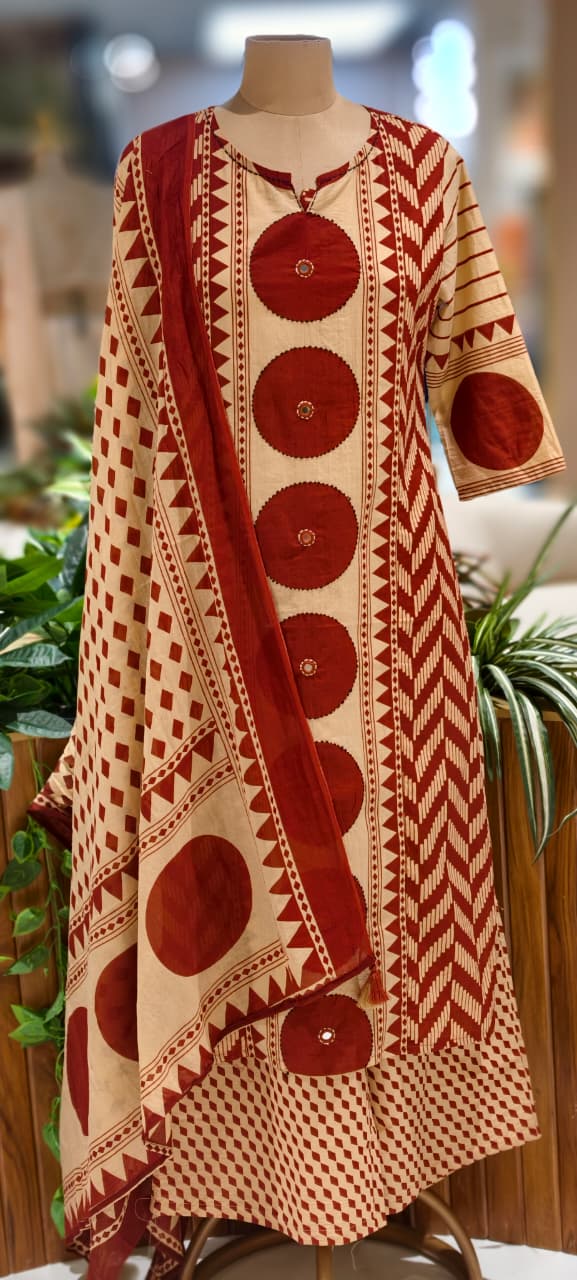 Asymmetric Print Dual Color Cotton Full Suit Set With Dupatta-13042