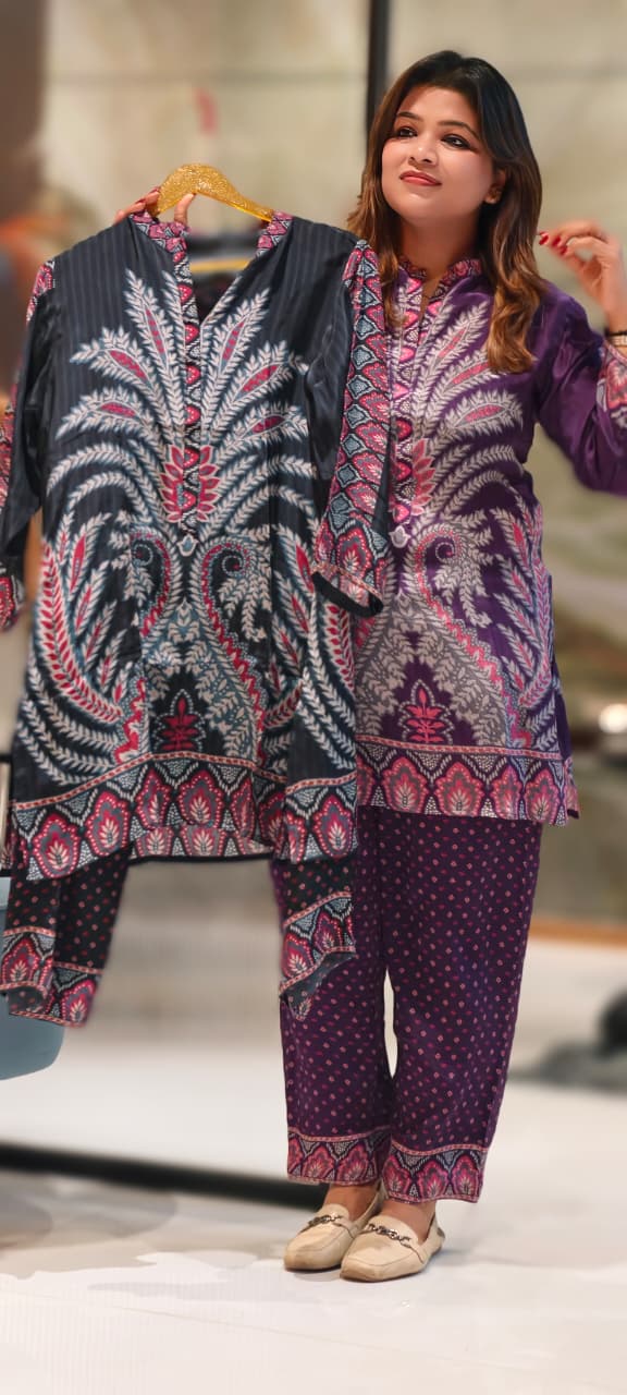 Multi Prints Folk Art Mandarin Collar Kurta Pant Set In Crepe Fabric- 12952