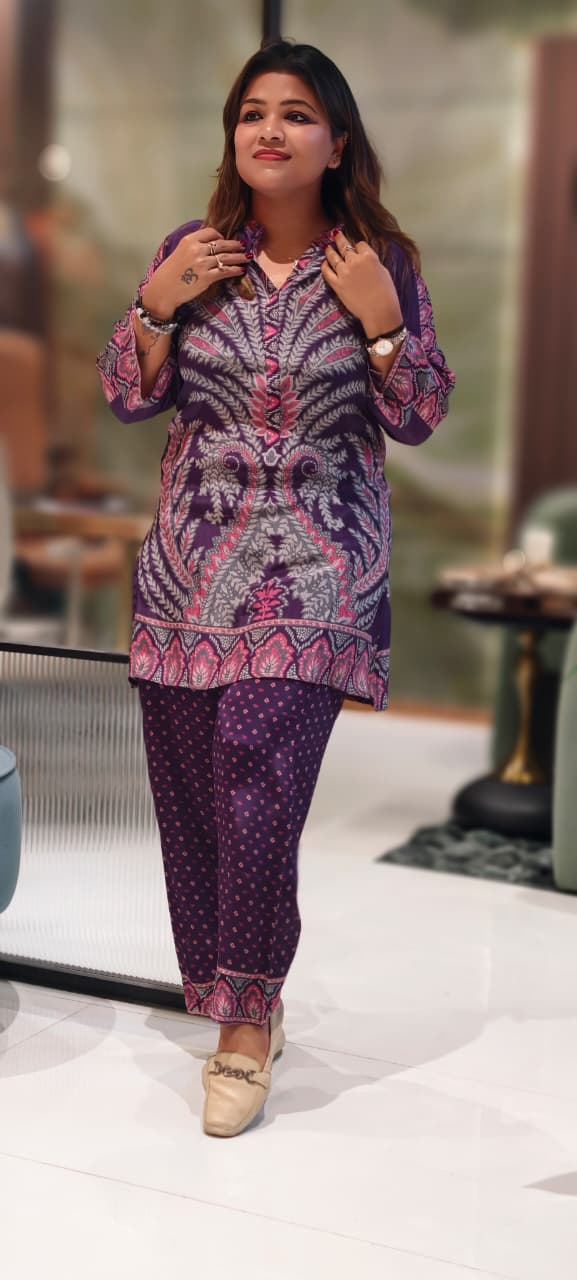 Multi Prints Folk Art Mandarin Collar Kurta Pant Set In Crepe Fabric- 12952