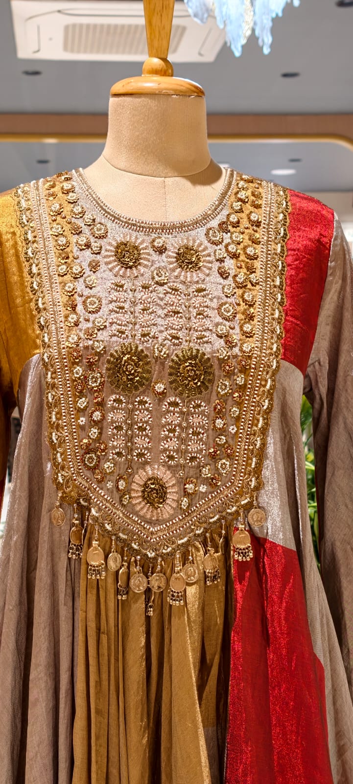 Regal Luxe Zardosi Premium Tissue Multicolored Heavily Flared Gown