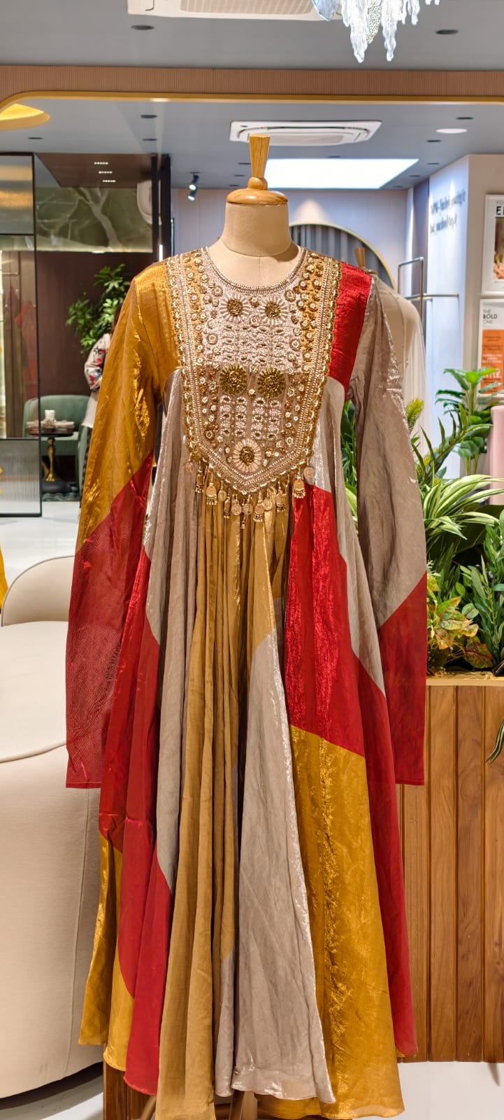 Regal Luxe Zardosi Premium Tissue Multicolored Heavily Flared Gown