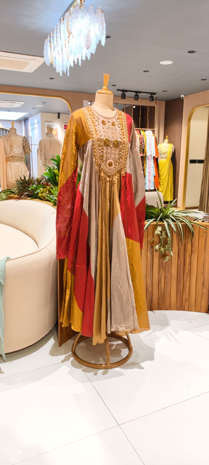 Regal Luxe Zardosi Premium Tissue Multicolored Heavily Flared Gown