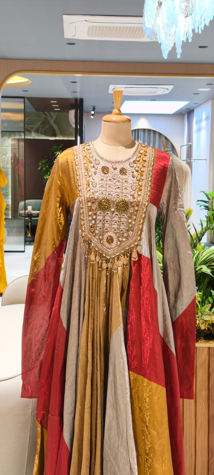 Regal Luxe Zardosi Premium Tissue Multicolored Heavily Flared Gown