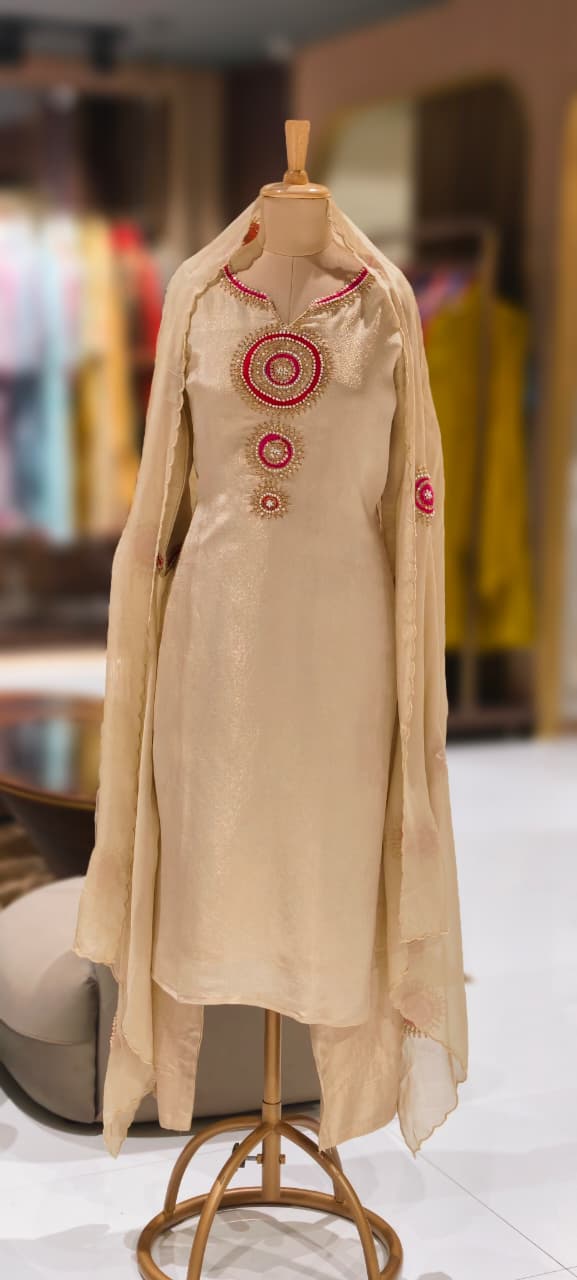 Round Work Zardozi Full Suit Set With Dupatta In Tissue Fabric- 13009