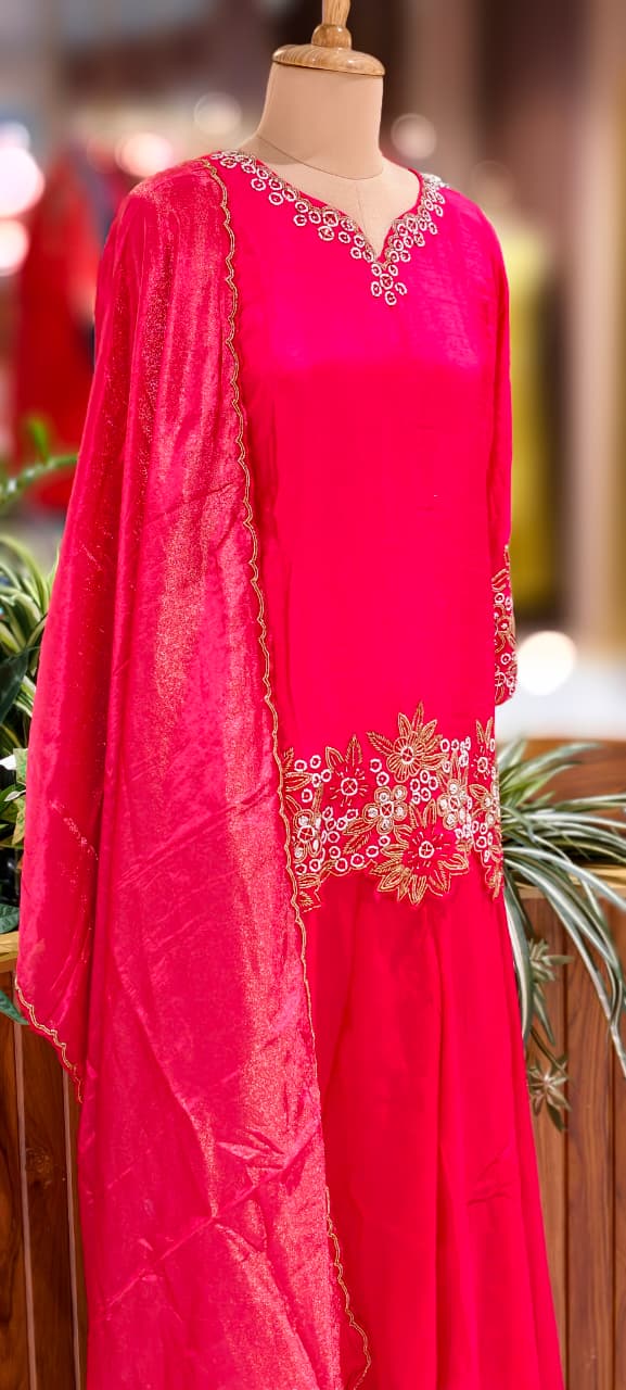 Tiny Pearl With Cut-Dana Spiral Work Tissue Full Suit Set With Dupatta & Loose Palazzo Bottom- 12732