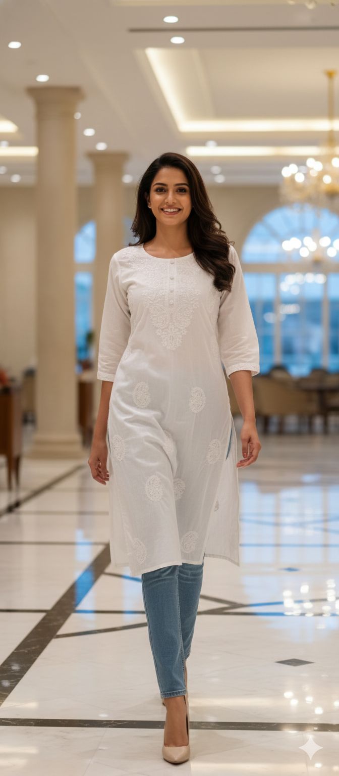 Chikankari Pastel Shade Buttoned Cotton Kurti Only- 13060