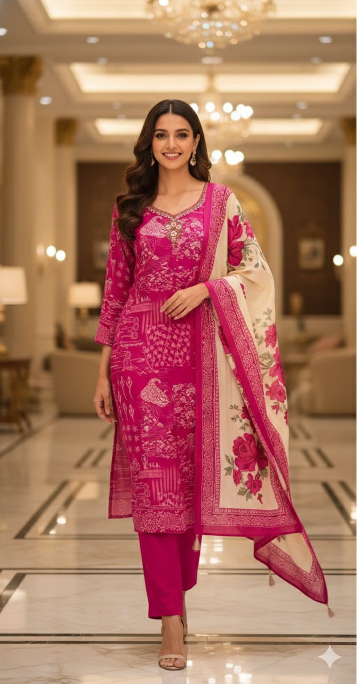 Multi Printed Fine Floral Beautiful Neck Line Crepe Full Suit Set With Floral Dupatta- 13063