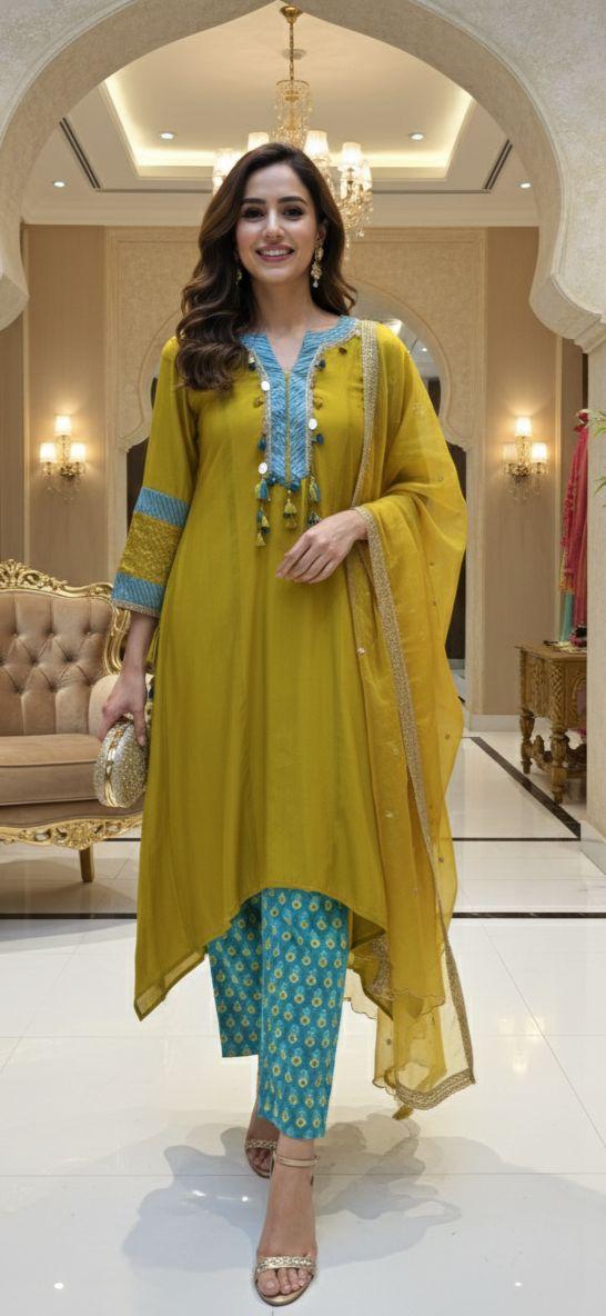 Boho Chic Designer A-Line Full Suit Set With Inner Bottom & Dupatta- 12926,27