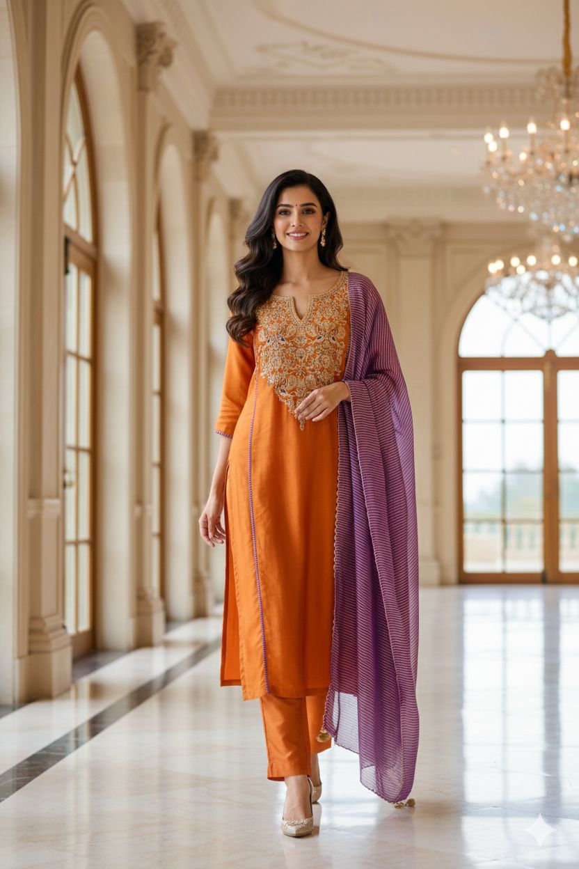 Purple Striped Zarina Yoke A-Line Full Suit Set With Dupatta In Dola Silk Fabric