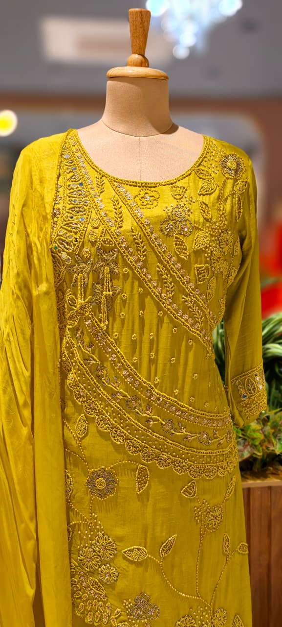 Fully Tiny Pearl Floral Work Unique Vibrant Full Suit Set With Palazzo Bottom In Tissue Fabric- 12709