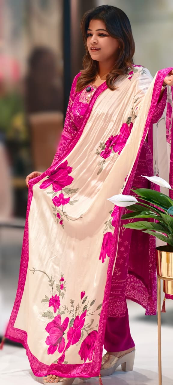 Multi Printed Fine Floral Beautiful Neck Line Crepe Full Suit Set With Floral Dupatta- 13063