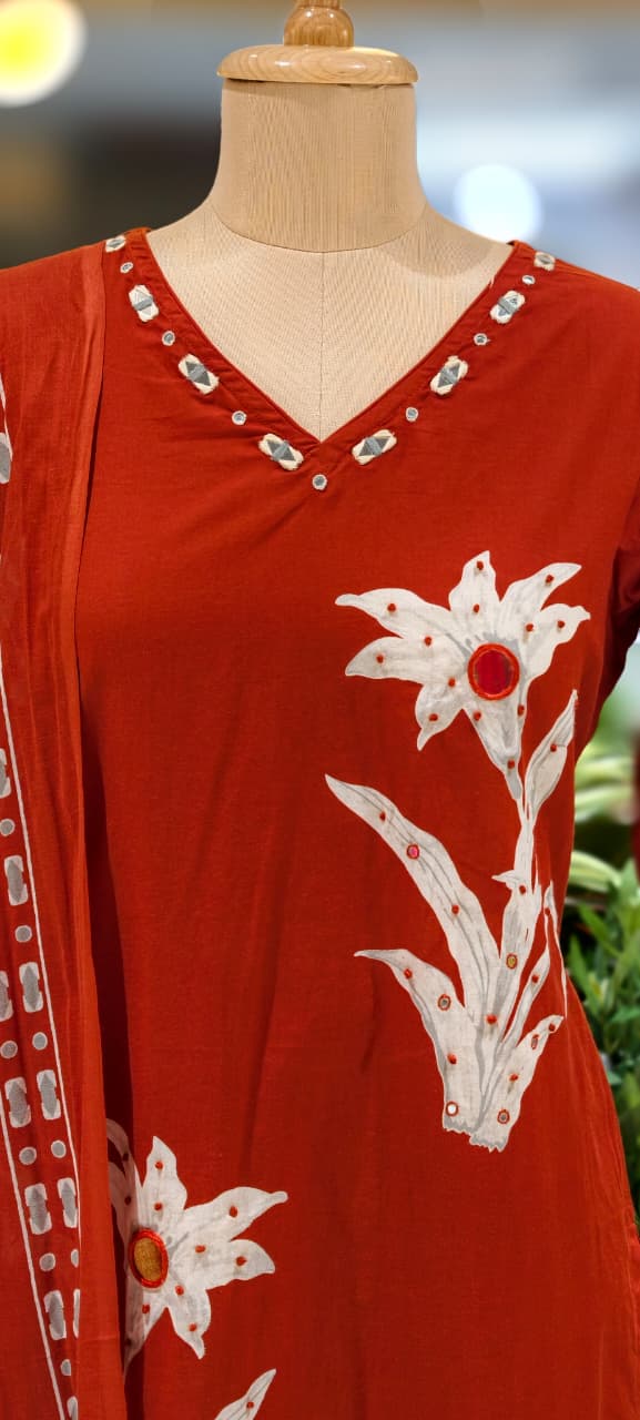 Foil Mirror Printed Straight Cotton Full Suit With Matching Dupatta & Bottom- 12991