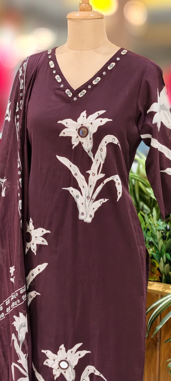 Foil Mirror Printed Straight Cotton Full Suit With Matching Dupatta & Bottom- 12991