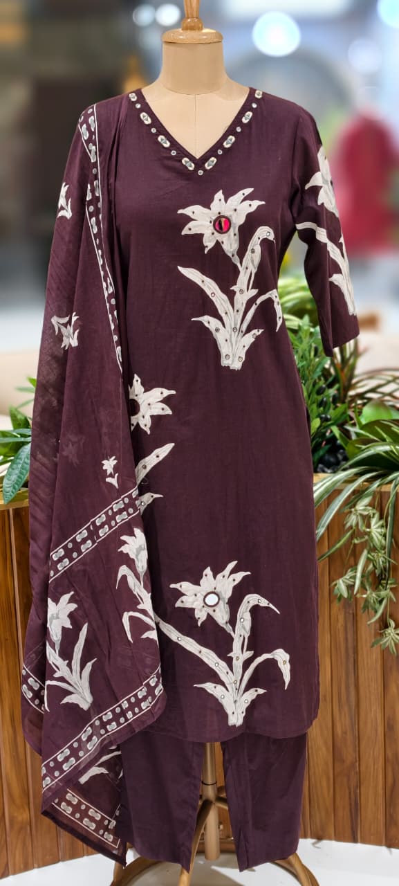 Foil Mirror Printed Straight Cotton Full Suit With Matching Dupatta & Bottom- 12991