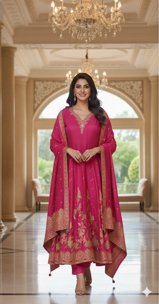 Beautiful Neck Line Scattered Print Brocade Panel Anarkali Full Suit Set With Dupatta In Silk Fabric- 12697