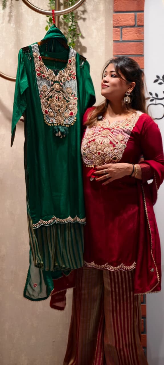 Royal Zardosi Charm Embroidery Work Short Length Kurta With Striped Palazzo Bottom & In Tissue Fabric-13084