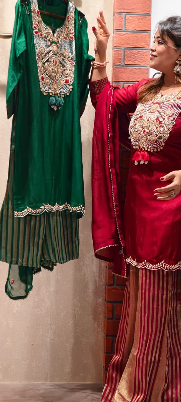 Royal Zardosi Charm Embroidery Work Short Length Kurta With Striped Palazzo Bottom & In Tissue Fabric-13084