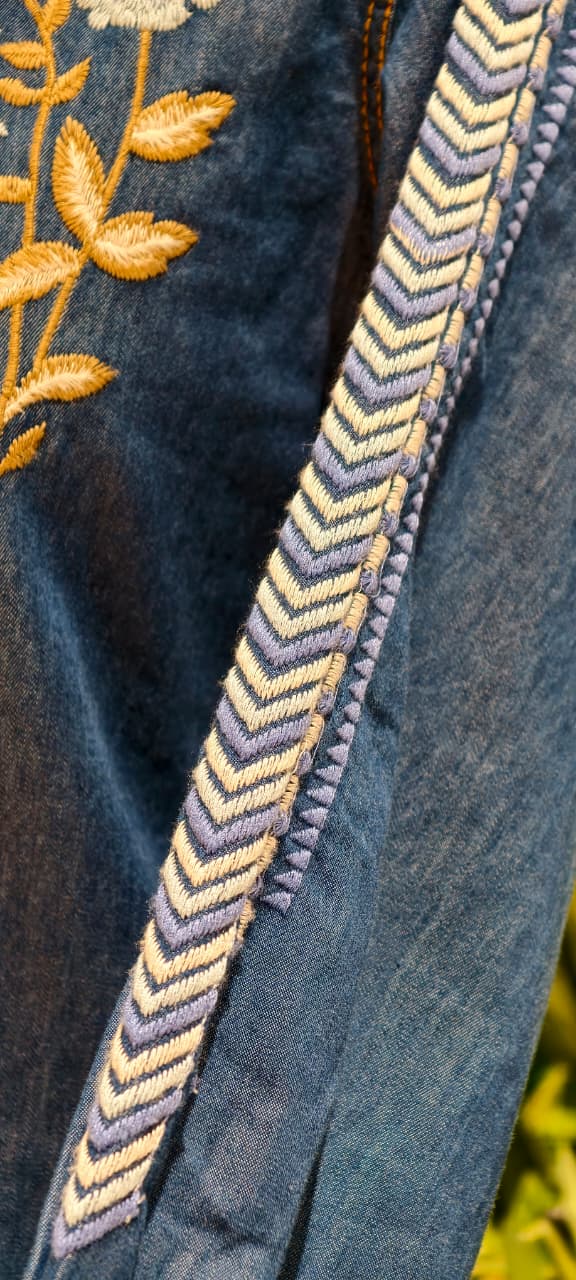 Denim Look Pure Thread Embroidery Casual Wear Short Kurti- 13112