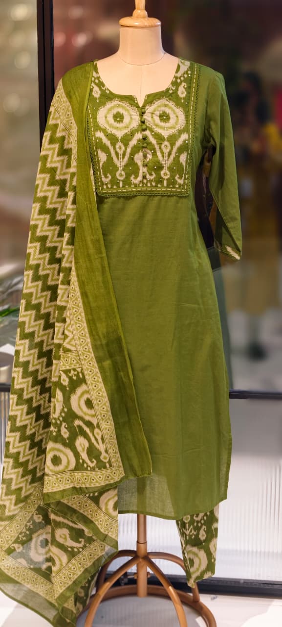 Ikkat Printed Yoke Solid A-Line Full Suit Set With Dupatta In Cotton Fabric- 13185