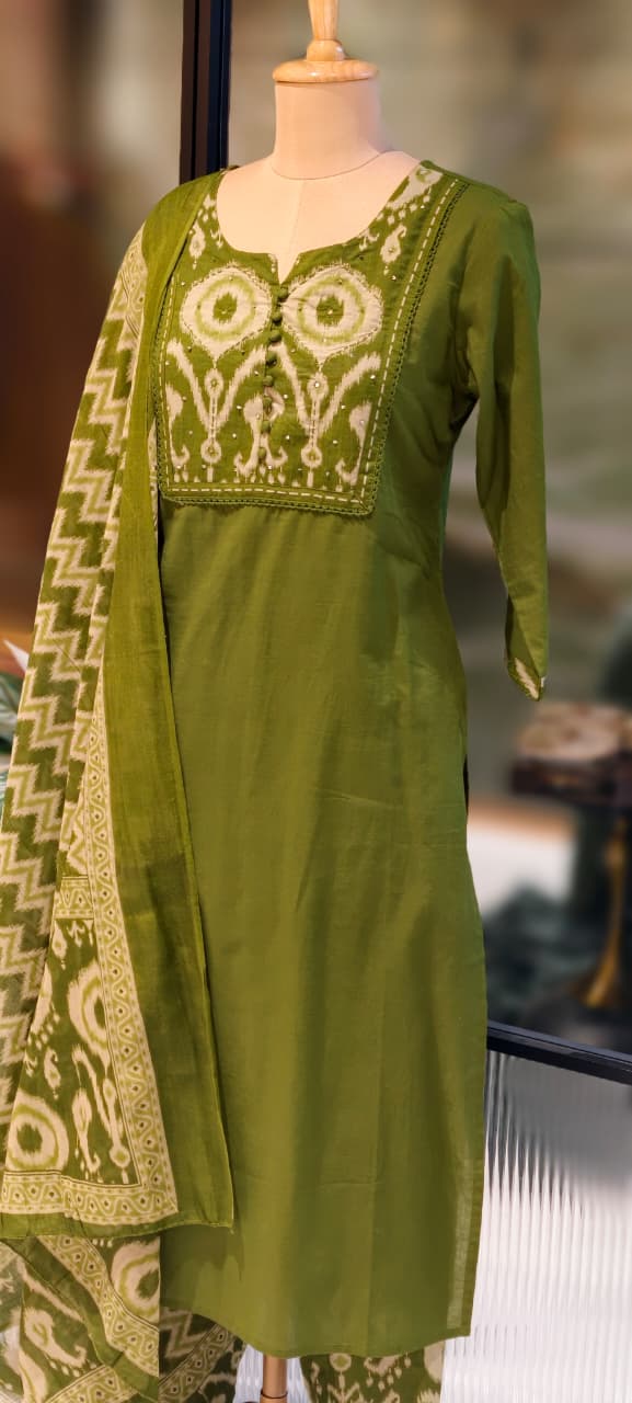 Ikkat Printed Yoke Solid A-Line Full Suit Set With Dupatta In Cotton Fabric- 13185