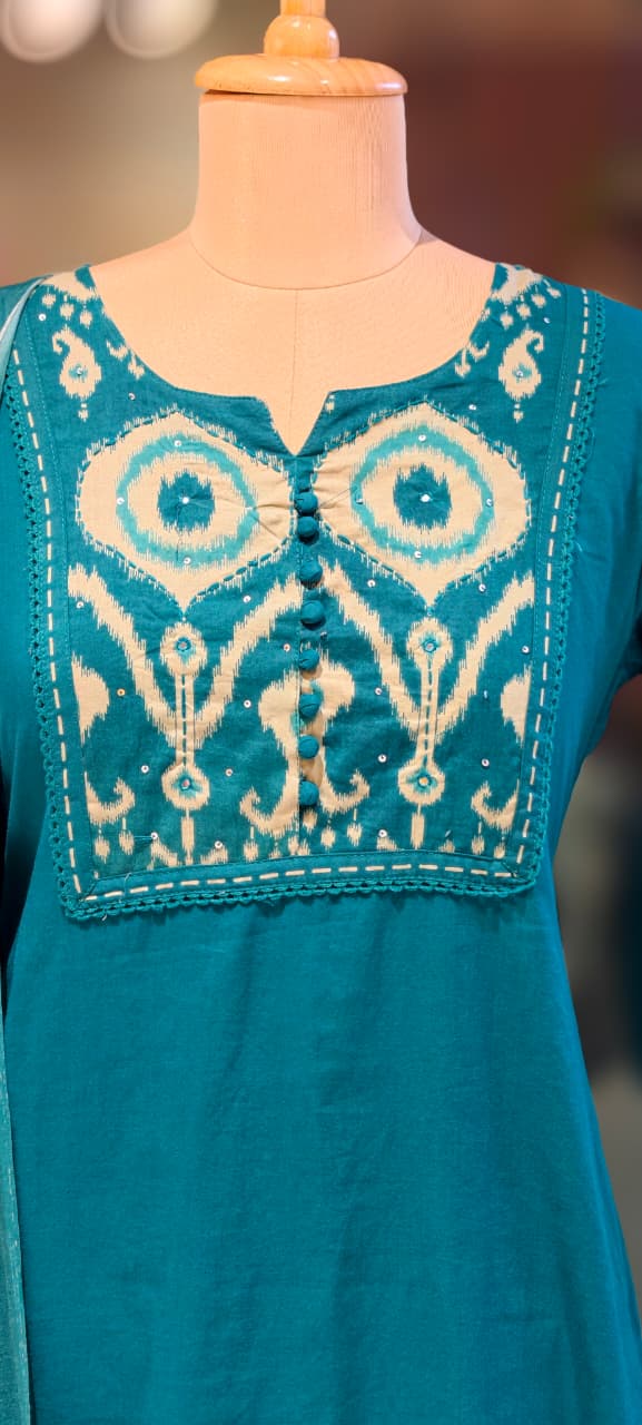 Ikkat Printed Yoke Solid A-Line Full Suit Set With Dupatta In Cotton Fabric- 13185