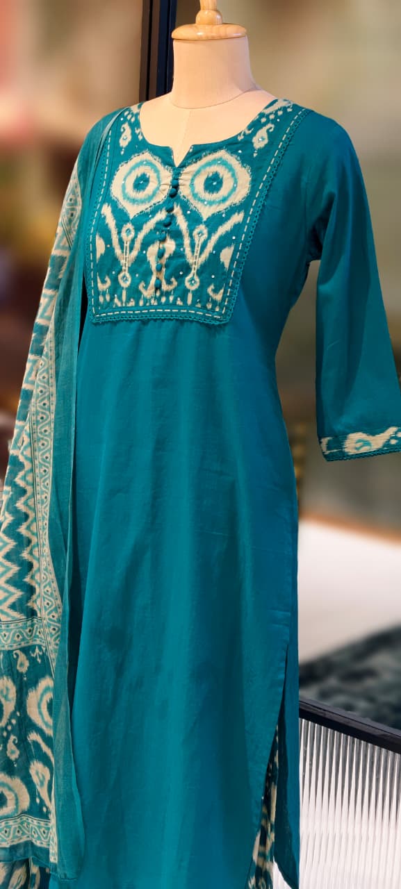 Ikkat Printed Yoke Solid A-Line Full Suit Set With Dupatta In Cotton Fabric- 13185