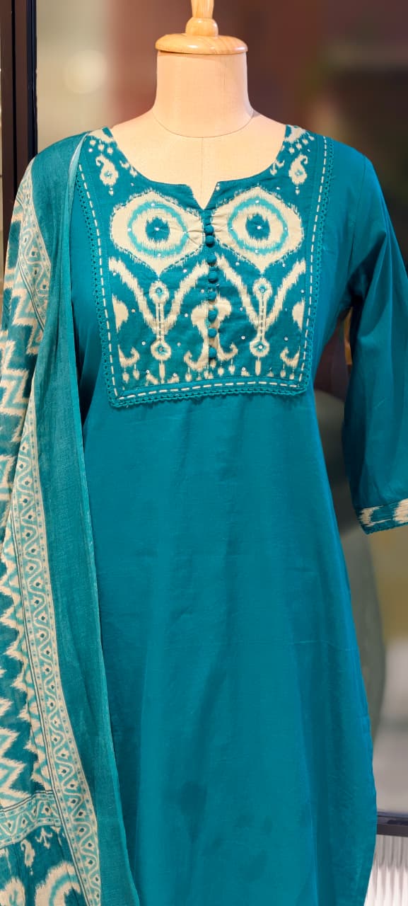 Ikkat Printed Yoke Solid A-Line Full Suit Set With Dupatta In Cotton Fabric- 13185