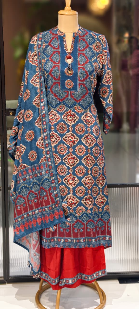 Indigo Charm Printed Neck Piece Look A-Line Full Suit Set With Dupatta In Muslin Fabric- 13136