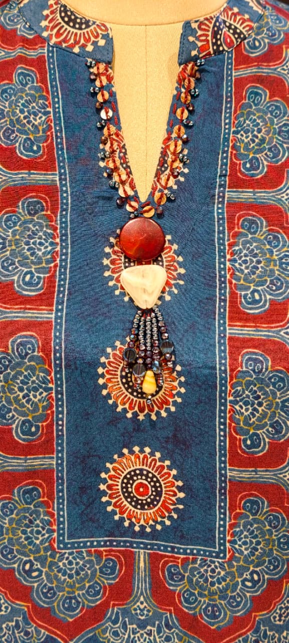 Indigo Charm Printed Neck Piece Look A-Line Full Suit Set With Dupatta In Muslin Fabric- 13136