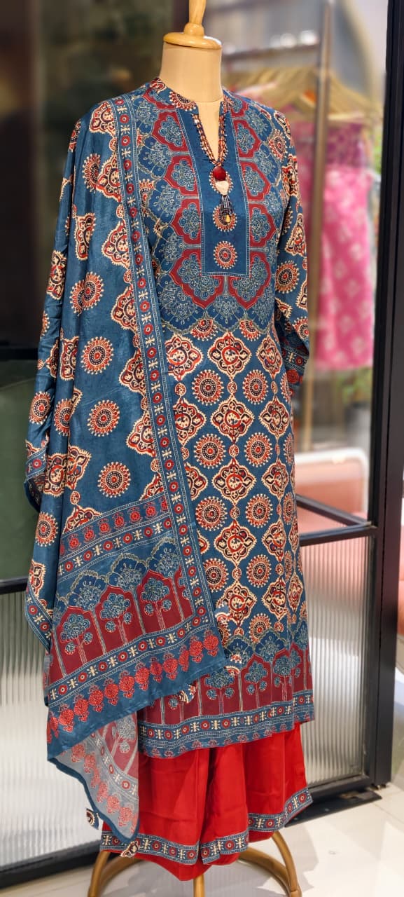 Indigo Charm Printed Neck Piece Look A-Line Full Suit Set With Dupatta In Muslin Fabric- 13136