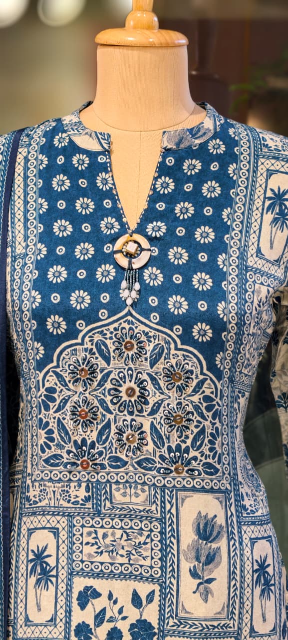 Blue Aura Printed Neck Piece Look Full Suit Set With Dupatta In Muslin Fabric- 13138