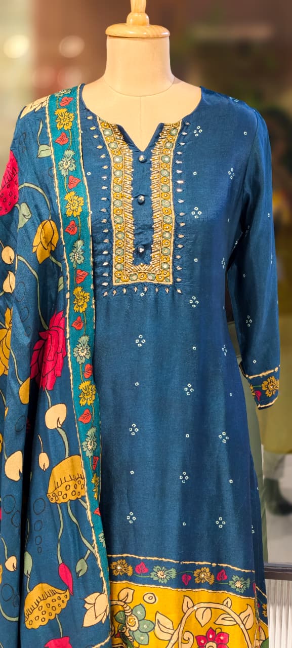 Midnight Bloom Ethnic Printed Full Suit Set With Dupatta In Russian Silk Fabric- 13163