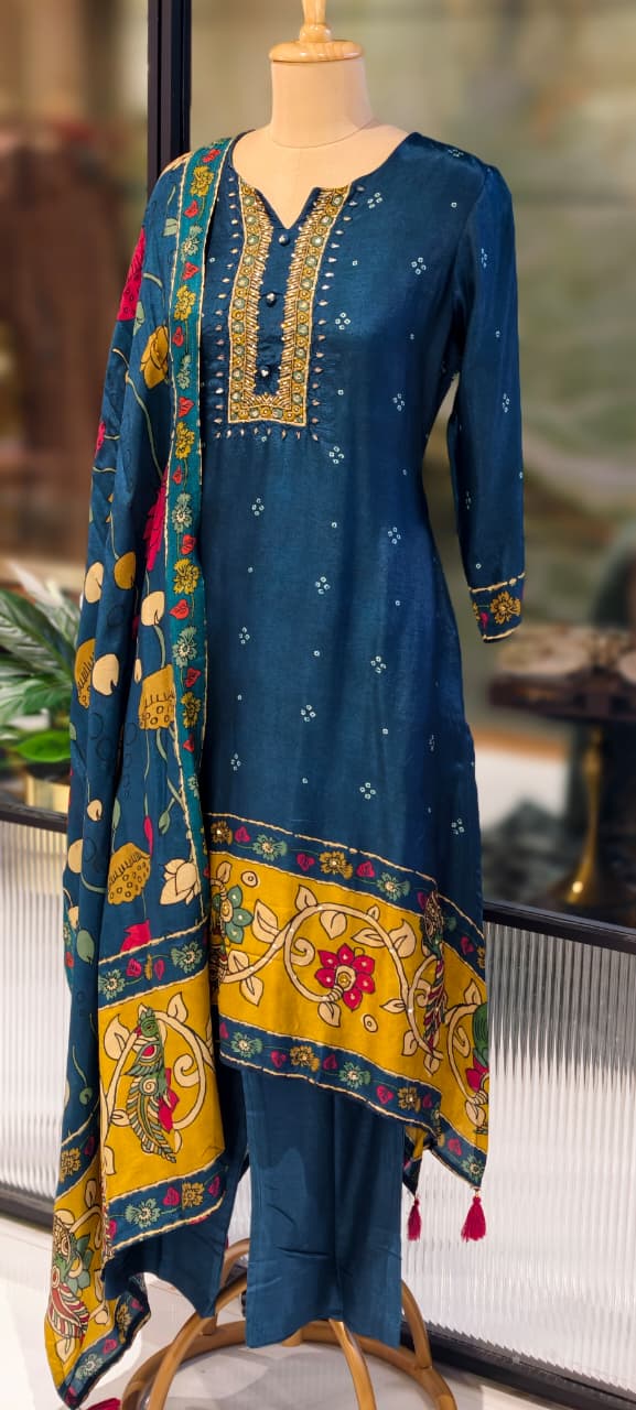 Midnight Bloom Ethnic Printed Full Suit Set With Dupatta In Russian Silk Fabric- 13163