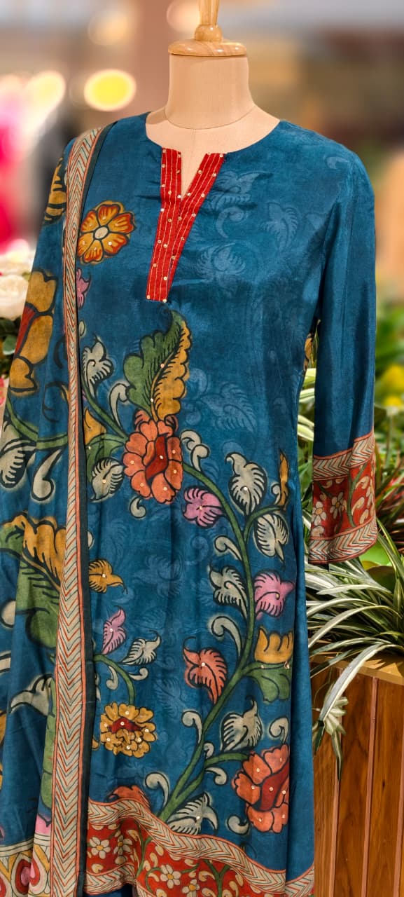 V-Neck Line With Foil Upwork Printed A-Line Full Suit Set With Dupatta In Muslin Fabric- 13116