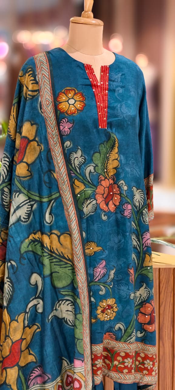 V-Neck Line With Foil Upwork Printed A-Line Full Suit Set With Dupatta In Muslin Fabric- 13116